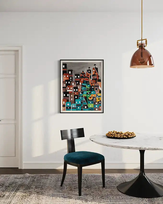 Ancient Tablets 3 art by artist Yousif Ibrahim on the wall in Modern interior with a teal chair, marble table, in UAE