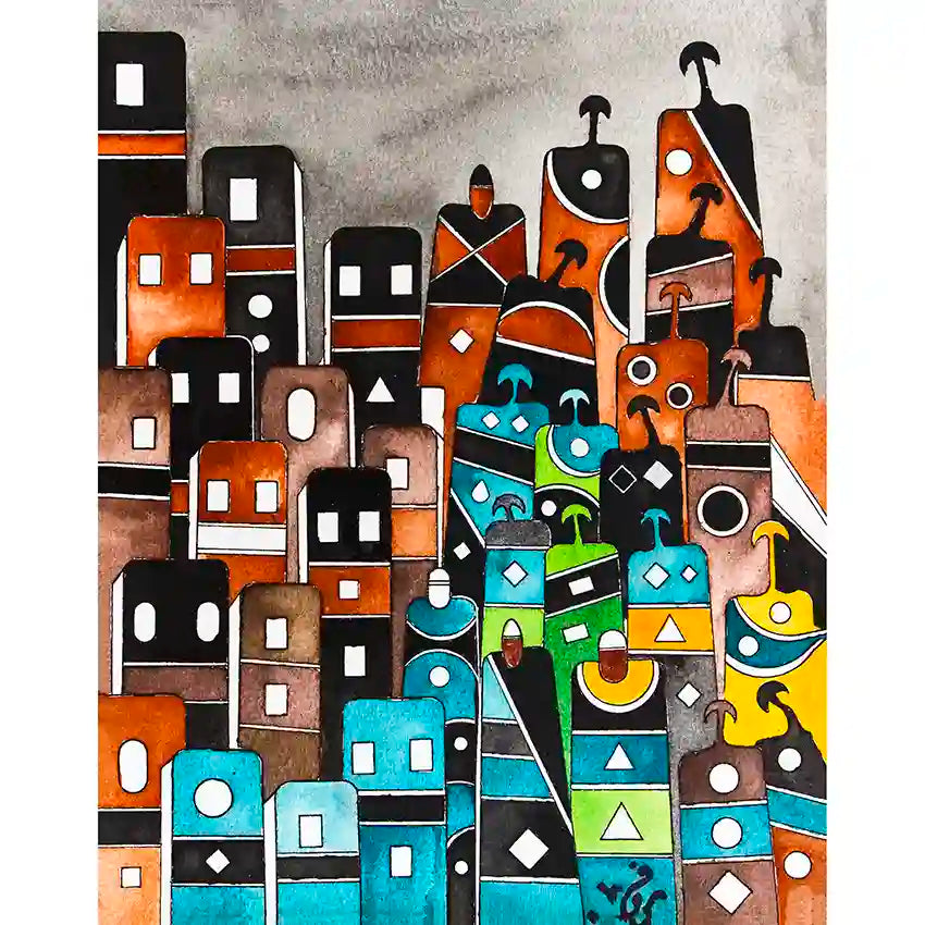 A abstract art print featuring geometric houses and holy tablets and figures in a urban landscape. by artist Yousif Ibrahim