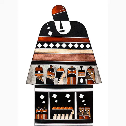 Decorative house-shaped card with geometric patterns on a white background