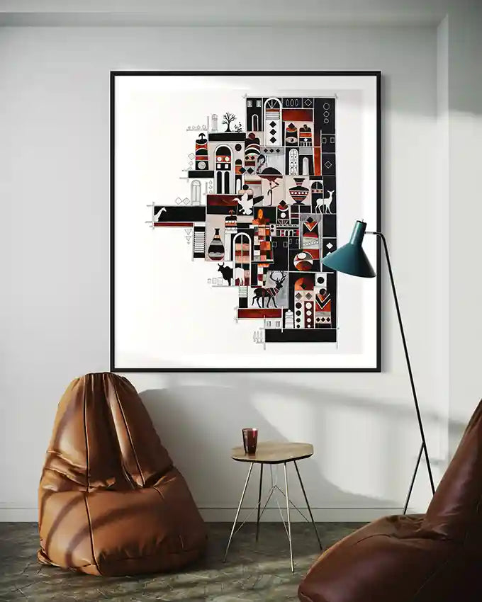 Modern interior with art print "at the edge" on the wall, brown bean bag chair, and standing lamp. by artist Yousif Ibrahim