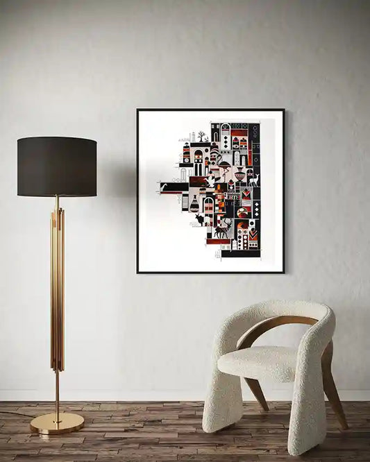Framed art "at the edge" Print by Sudanese Artist Yousif Ibrahim piece on a wall with a floor lamp and chair in a room. UAE
