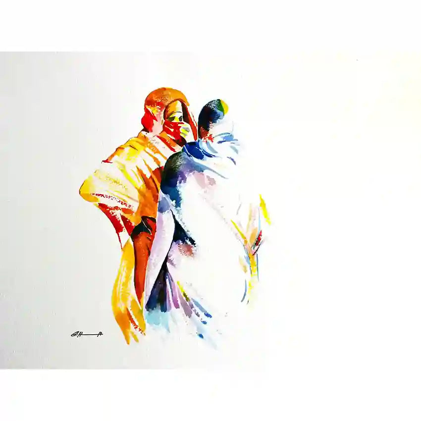 Colorful abstract Art print by Sudanese Galal Yousif of two women  embracing on a white background available in UAE
