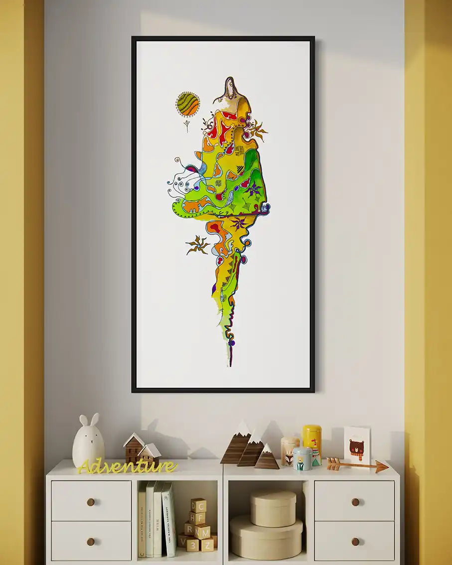 Colorful abstract art print 'Bride of the nile' by Yousif Ibrahim, on a wall with a shelf below with decorations -  UAE