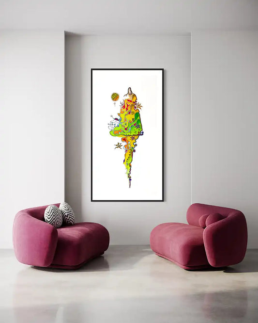 Modern interior with two pink chairs and a colorful abstract art print 'Bride of the nile' by Yousif Ibrahim on the wall. UAE