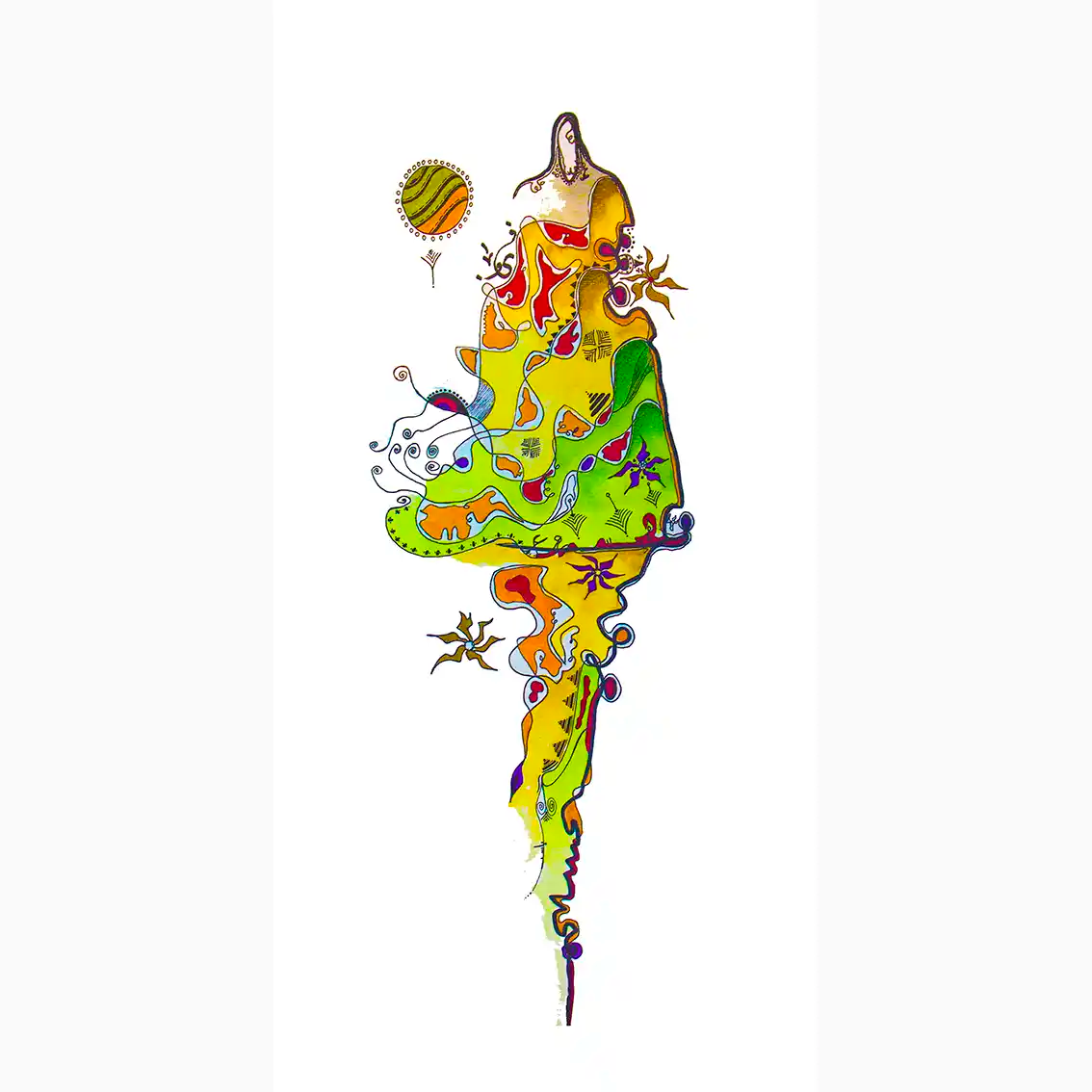 painting of Sudanese woman wearing colourful traditional thobe by Sudanese artist Yousif Ibrahim - UAE