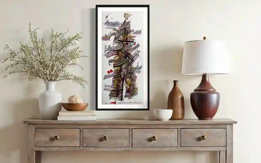 The Calligrapher's Muse 2 art print by Waleed Warag featuring Arabic calligraphy displayed in modern home interior