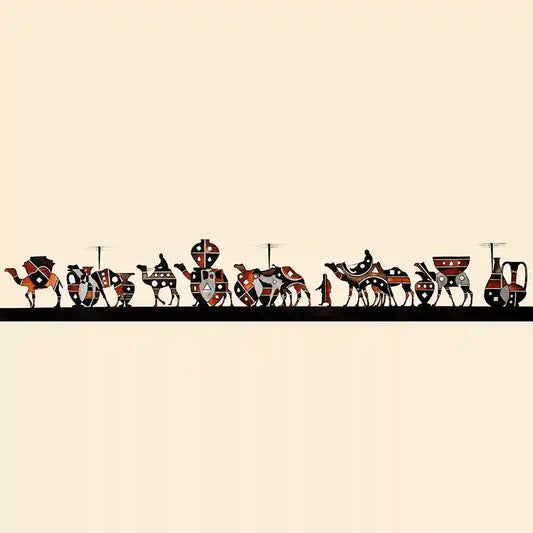 Illustration of ancient Egyptian processions with chariots and figures on a beige background