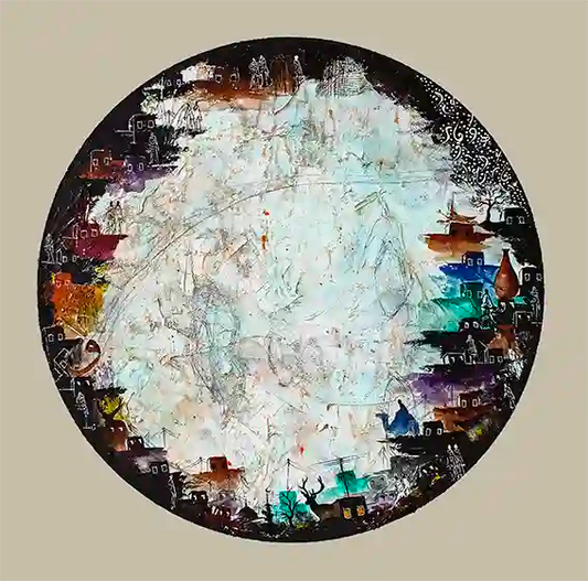 Circular art with a central texture and various md houses, animals & other elements on a beige background, by Yousif Ibrahim