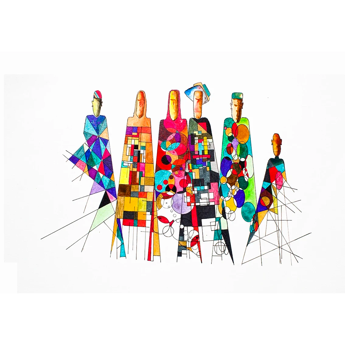 Abstract people with different geometrical shapes and very colourful patterns.