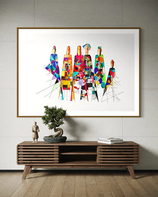 'Community Influences' art print on a wall above a wooden console table. by Sudanese artist Yousif Ibrahim. UAE