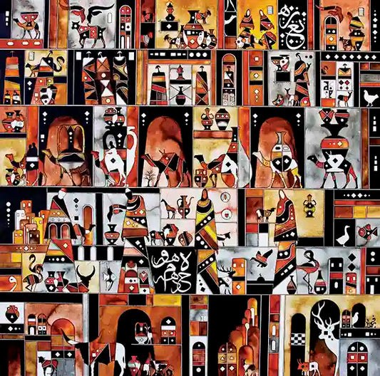 Collage of geometric art with various  Sudanese cultural shapes and Elements, art by Yousif Ibrahim, in UAE