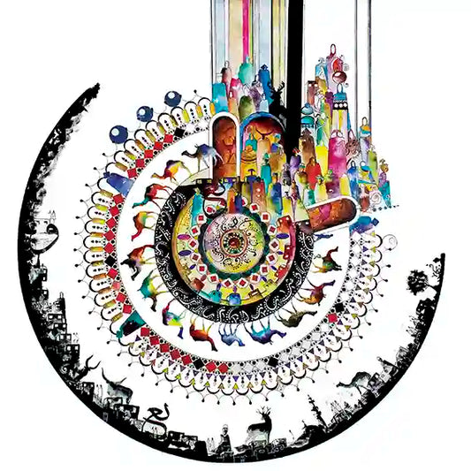 A vibrant and colorful abstract art print featuring cultural elements and calligraphy in a circular composition.