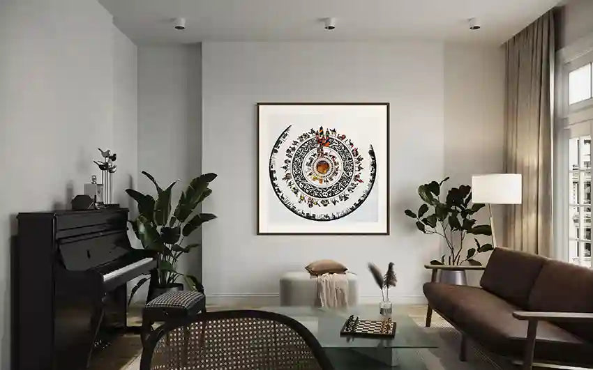 Living room with the 'Cycle of life 3' wall art piece, piano, and sofa. by Sudanese artist Yousif Ibrahim, in UAE