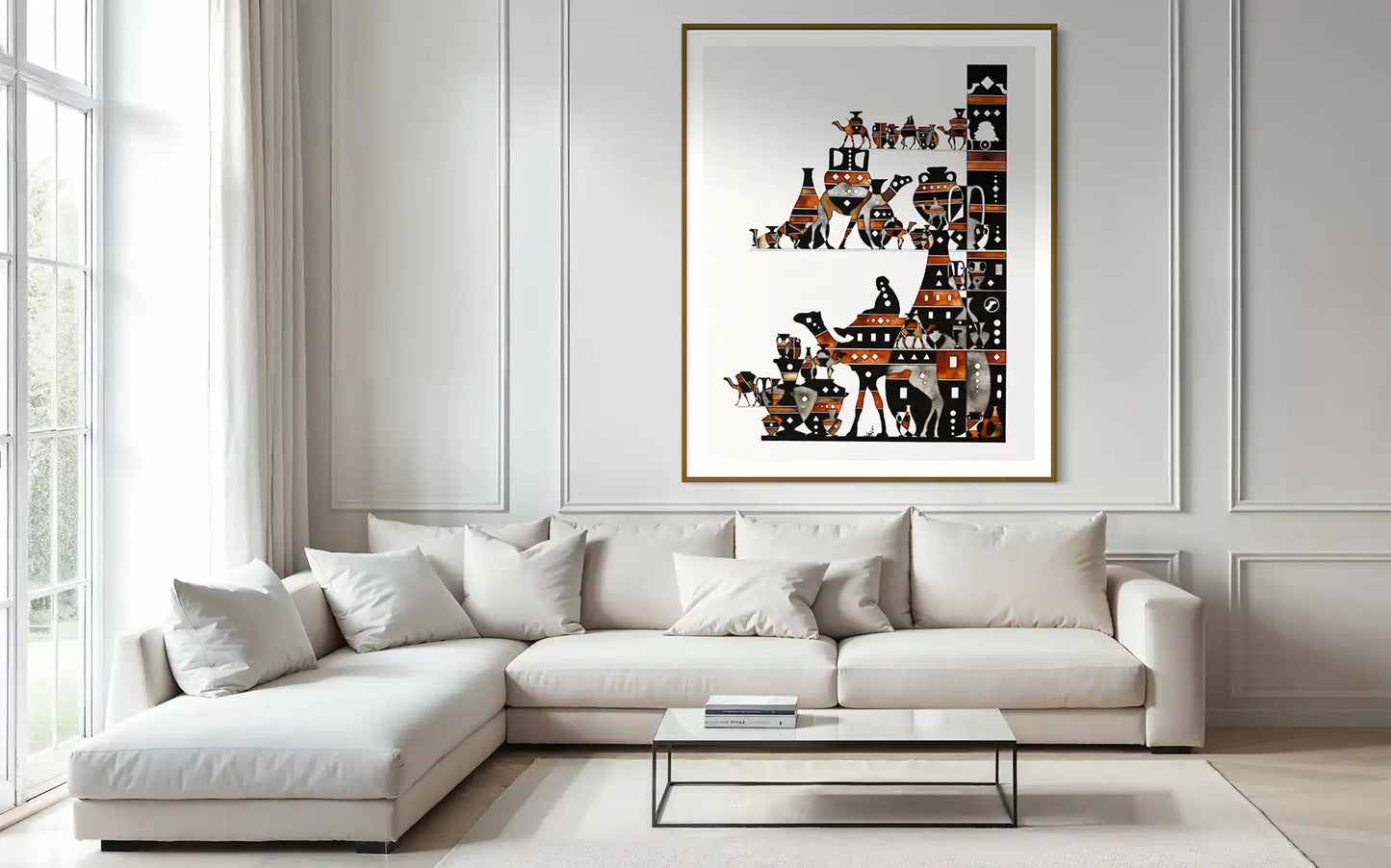 Modern living room with a white sectional sofa & Desert's ship 2 art print by Sudanese artist Yousif Ibrahim. UAE