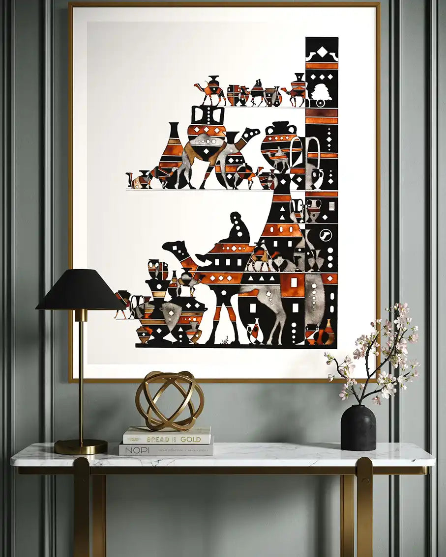 Desert's ship 2 art print by Sudanese artist Yousif Ibrahim on a gray wall above a console table. | UAE