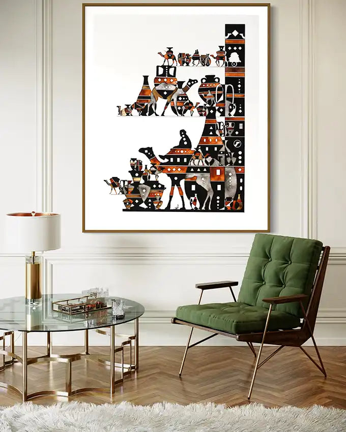 Desert's ship 2 art print by Sudanese artist Yousif Ibrahim in a living room setting with a green chair and glass table.UAE