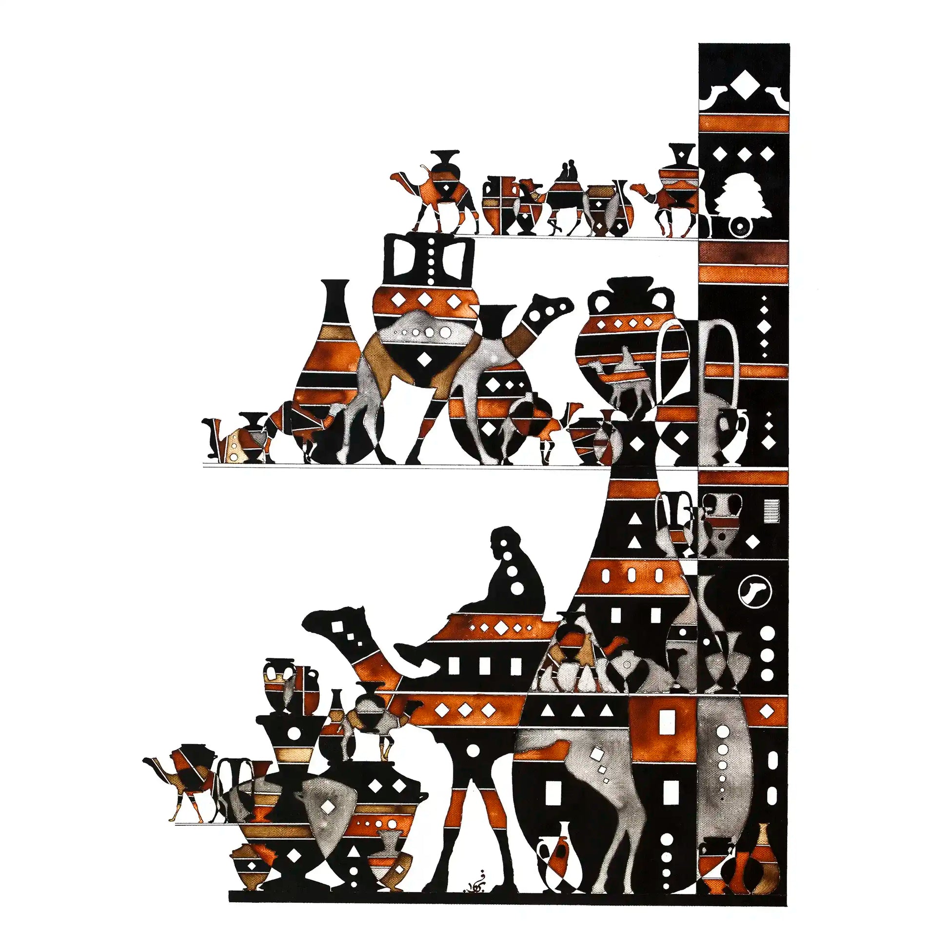 Camels & pottery integrated together to form beautiful all directional Caravan with patterns all over camels and pottery