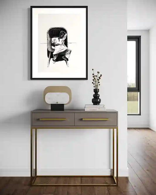 Modern home interior featuring Dream of a Better Tomorrow black and white art print by Obada Gabir above console table