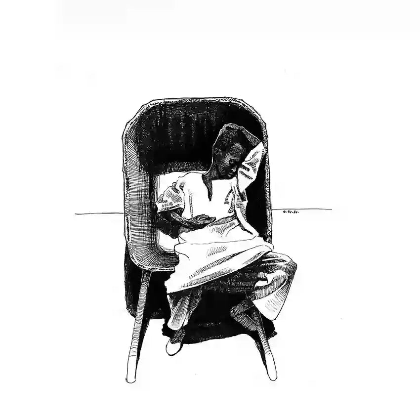 Black and white sketch art print showing sleeping boy in wheelbarrow, Dream of a Better Tomorrow by Obada Gabir