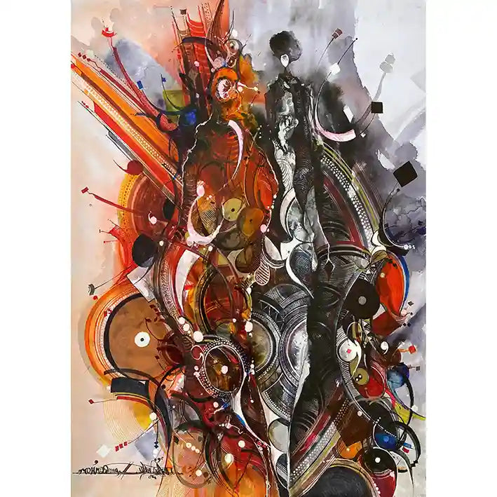 Duality by Mohamed Wraag, mixed media art with contrasting orange and black halves featuring geometric Sudanese patterns