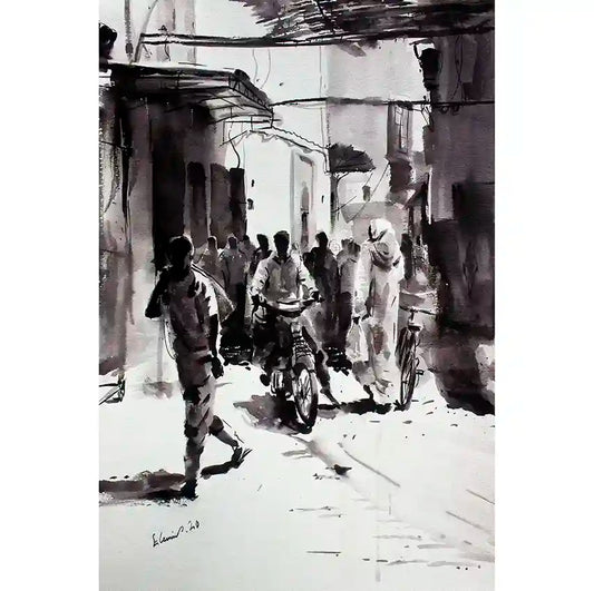Ink drawing showing people walking through narrow African alleyway with traditional architecture.