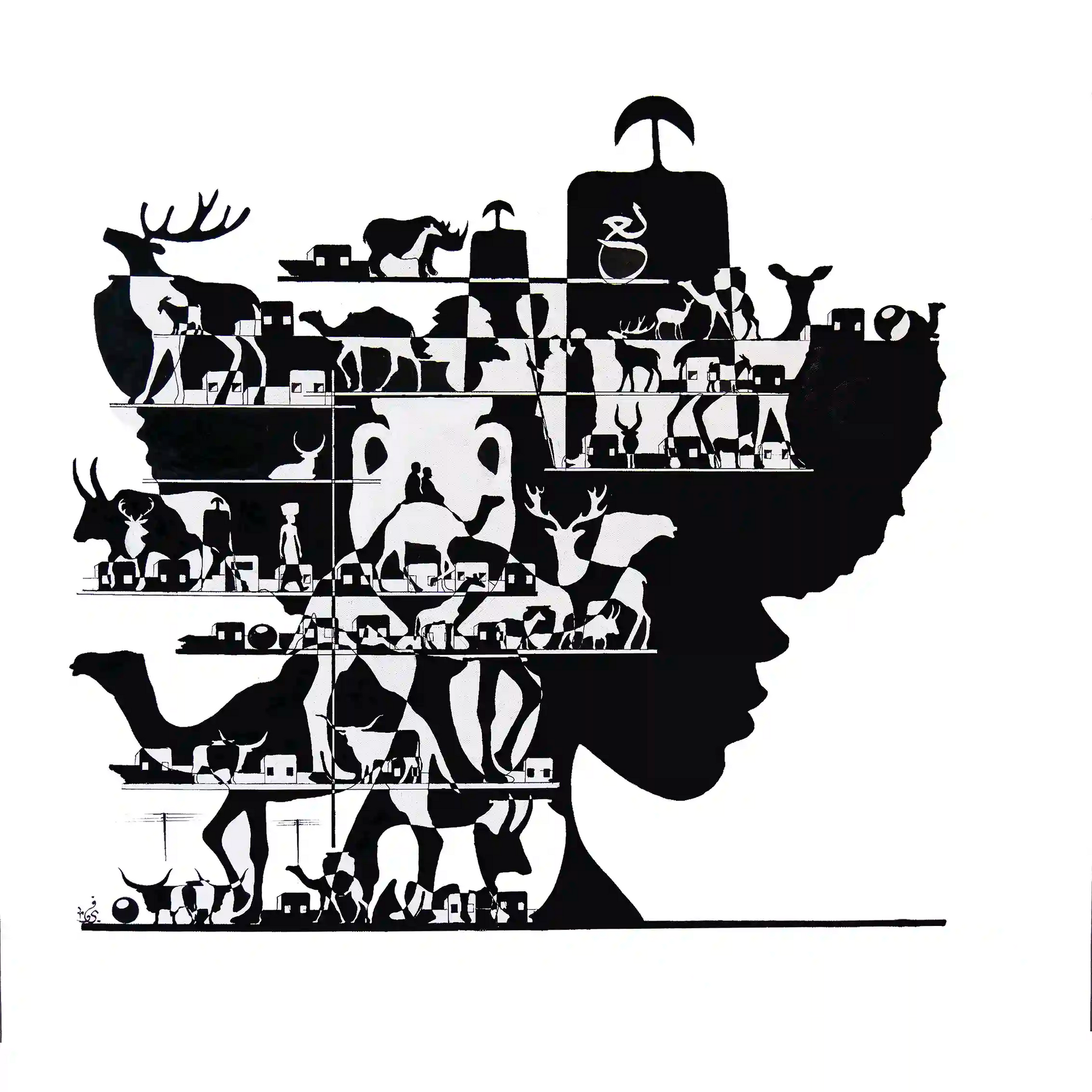 A black and white artwork featuring African queen intertwining with animals, cultural motifs, by Artist Yousif Ibrahim, UAE