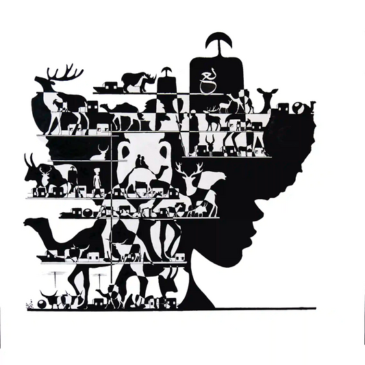 A black and white artwork featuring African queen intertwining with animals, cultural motifs, by Artist Yousif Ibrahim, UAE