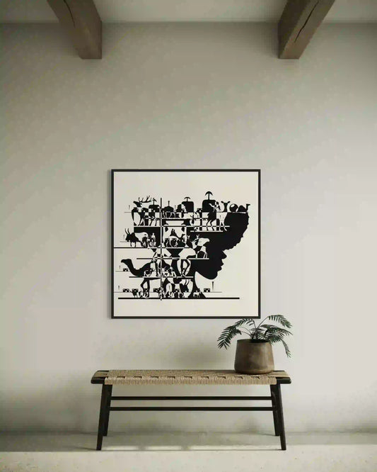 art print 'Enas' by Yousif Ibrahim displayed on a wall above a wooden bench with a small potted plant to the side. UAE