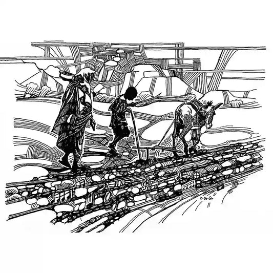 Black and white line drawing showing two figures in expressive style by artist Obada Gabir, titled Ground Notes