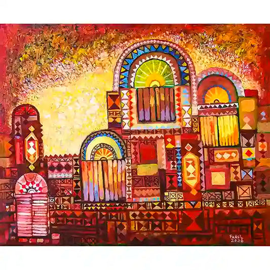 Colorful geometric artwork showing Nubian doors and arches in warm yellows, reds, and earth tones with tribal patterns