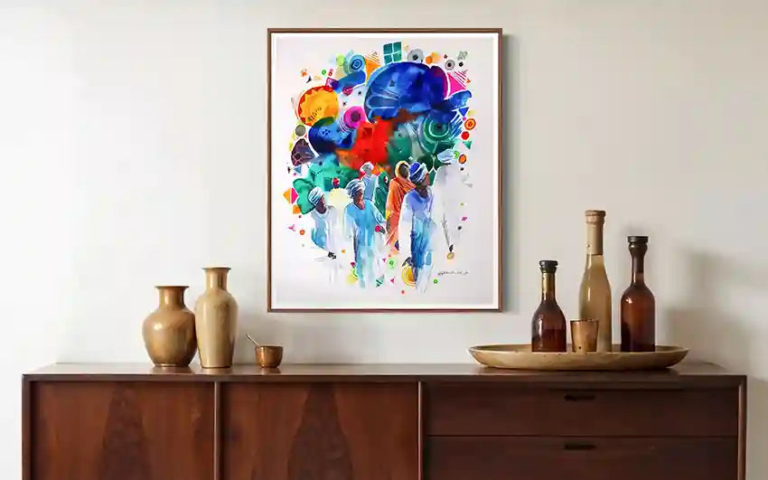 Colorful abstract painting on a wall above a wooden sideboard with decorative items. print Sudanese artist Galal Yousif. UAE
