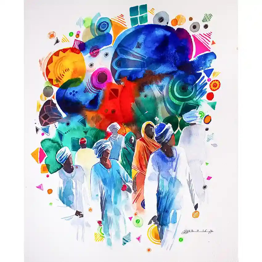 Colorful abstract art with people and geometric shapes, art print by visual sudanese artist Galal Yousif, available in UAE