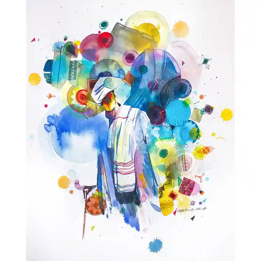 Colorful abstract art with a Sudanese man wearing national gawn in the center of a colorful background by Artist Galal Yousif