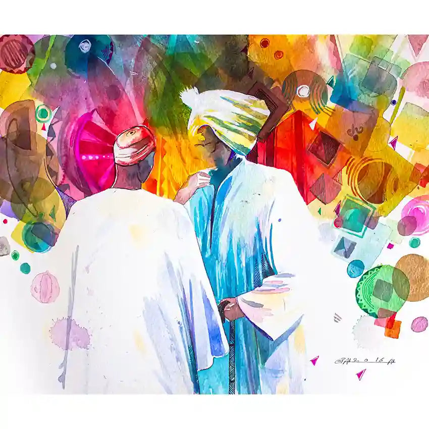 Colorful abstract Art print by Sudanese artist Galal Yousif with two men engaging conversation and a vibrant background