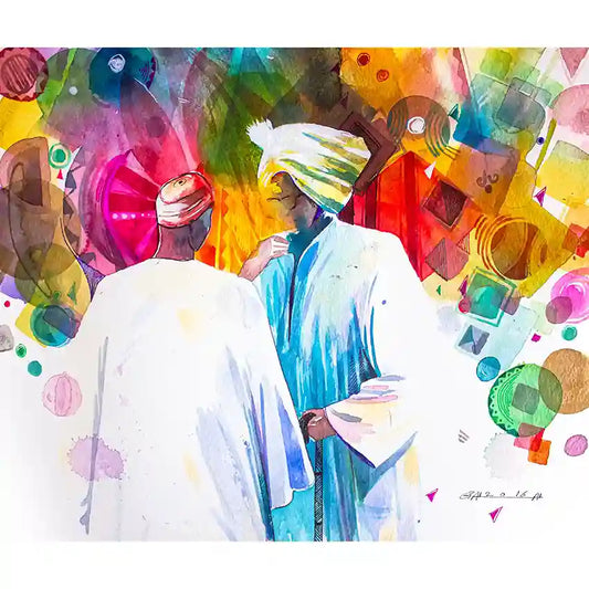 Colorful abstract Art print by Sudanese artist Galal Yousif with two men engaging conversation and a vibrant background
