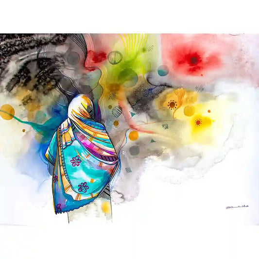 a Sudanese woman watercolour art print by artist Galal Yousif with colorful and floral elements on a white background, UAE