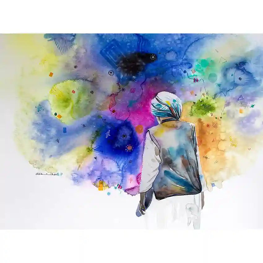 Colorful abstract background with Sudanese man, art print by Visual artist Galal Yousif, UAE available,