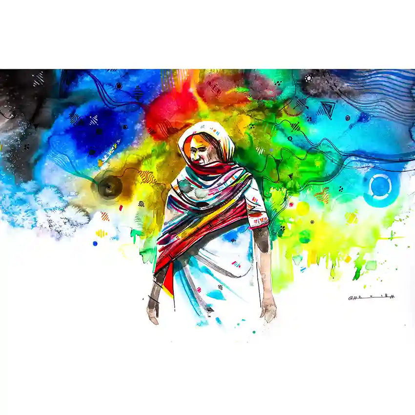 Colorful abstract Art print by visual Sudanese artist Galal Yousif with a central woman wearing a Sudanese toub. in UAE