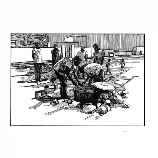 Black and white line art print showing people gathered around cooking pot in community kitchen scene by artist Obada Gabir