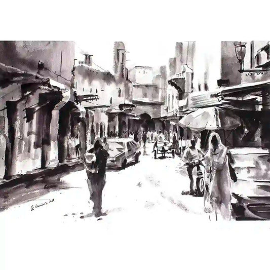 Ink drawing showing people walking through narrow covered street with dramatic light and shadow contrasts.