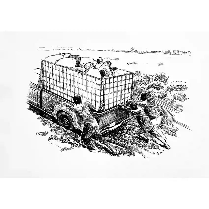 Vintage pen and ink illustration showing automobile stuck in mud with people helping, classic art print by Obada Gabir