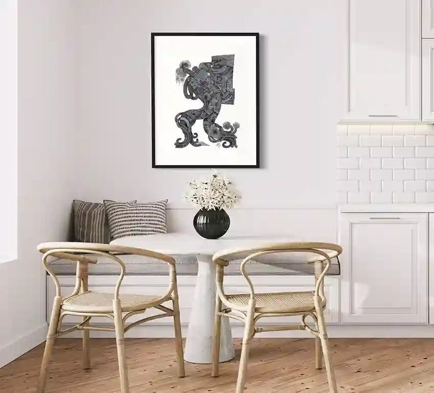 "Tangled Echoes" black and white art print displayed above dining table with wooden chairs in modern kitchen setting.