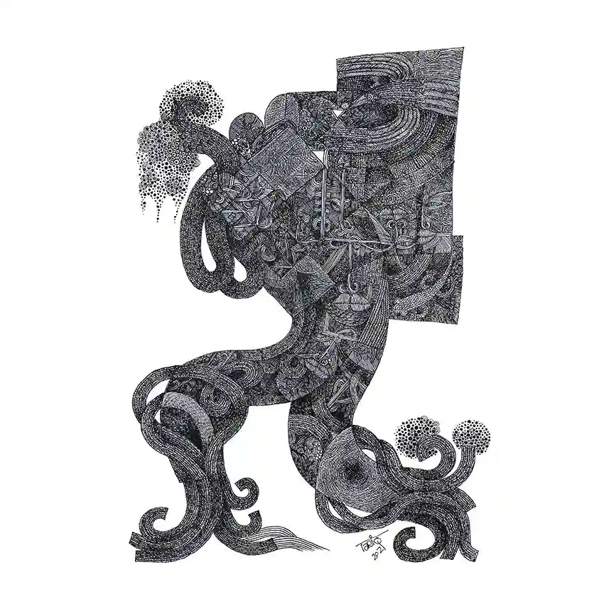 Black and white surreal ink illustration featuring flowing organic forms that merge human figures with tree-like elements.