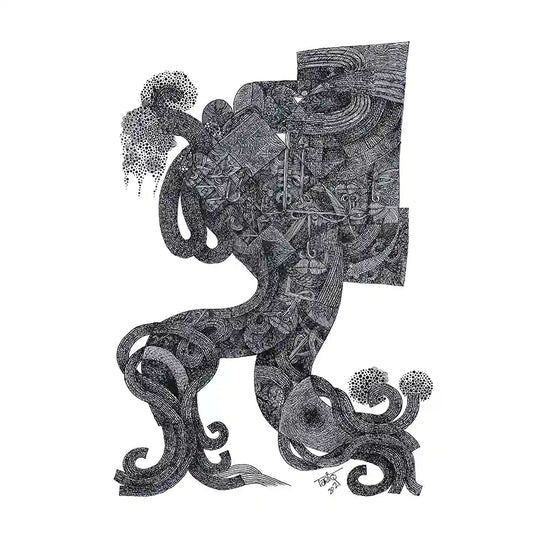 Black and white surreal ink illustration featuring flowing organic forms that merge human figures with tree-like elements.