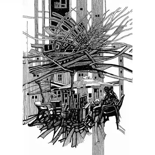 Black and white line drawing of tea vendor in bustling urban marketplace with architectural details by artist Obada Gabir