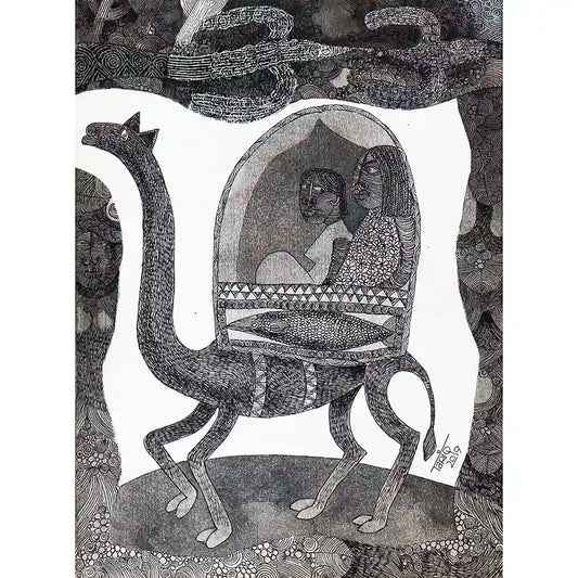"The Caravan of Dreams" by Tariq Nasre - black and white ink art showing two women traveling together on decorated camel.