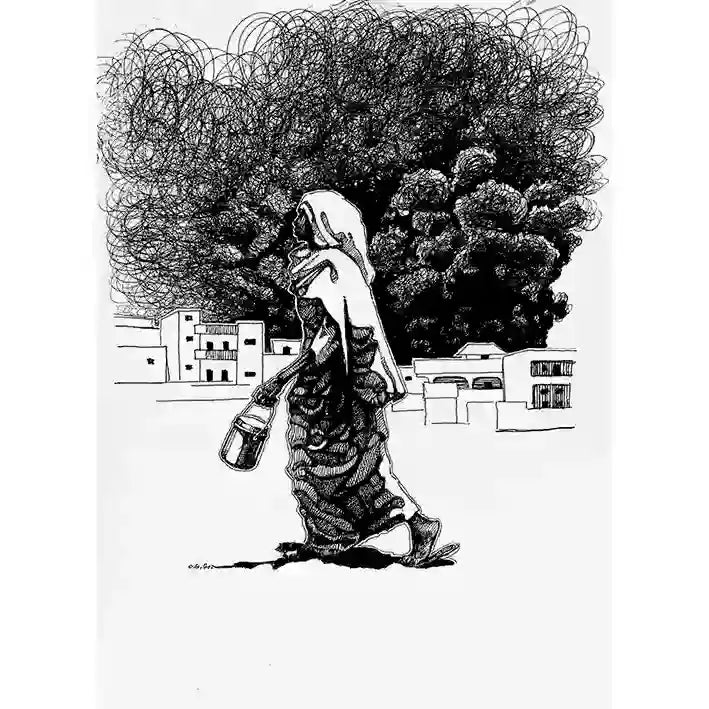 The Rhythm of Her Steps black and white art print by Obada Gabir showing woman walking through urban neighborhood