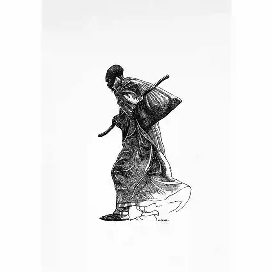 The Unseen art print by Obada Gabir featuring detailed black and white illustration of Sudanese man with traditional sick
