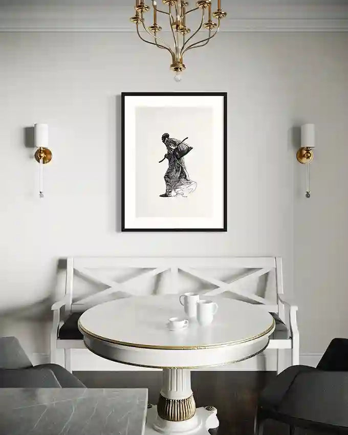 The Unseen art print by Obada Gabir displayed in elegant dining room with white furniture and brass chandelier mockup