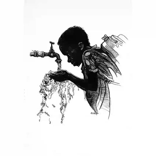 Thirsty art print by Obada Gabir - Black and white illustration of young boy drinking from water faucet, powerful social art